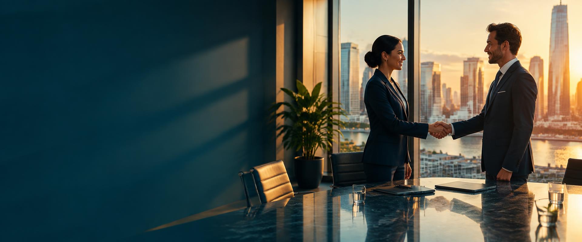 Two professionals shaking hands in a boardroom