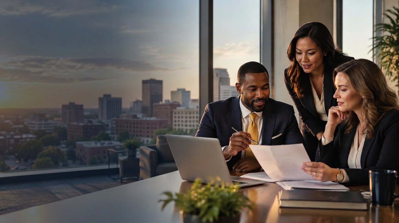 Business advisers reviewing financial documents together in a downtown office